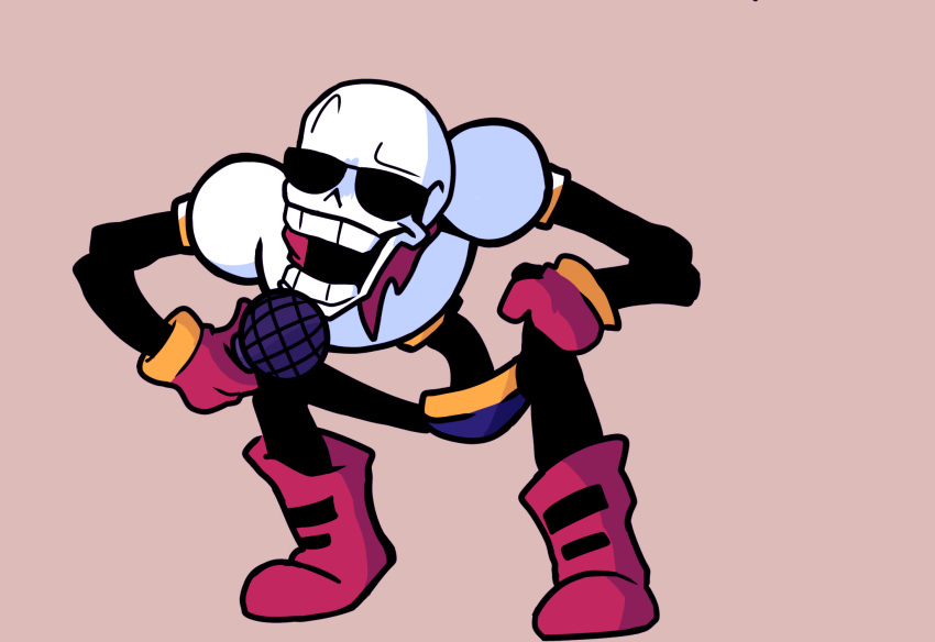 1boy, 2021, 2d, armor, blue_shorts, boots, brown_background, digital_media, friday_night_funkin', friday_night_funkin'_(style), full_body, gloves, hand_on_own_knee, highres, holding, holding_microphone, humanoid, kutumen, male, male_focus, male_only, monster, monster_boy, open_mouth, papyrus_(undertale), parody, red_boots, red_gloves, red_scarf, scarf, shorts, simple_background, skeleton, solo, squatting, style_parody, sunglasses, teeth, undead, undertale, utdr_(toby_fox), white_armor