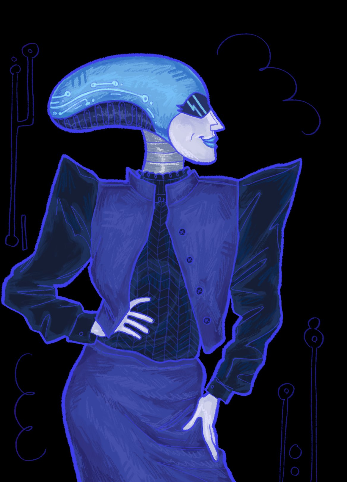 1girl, 2025, 2d, black_background, black_sweater, blue_vest, buttons, closed_mouth