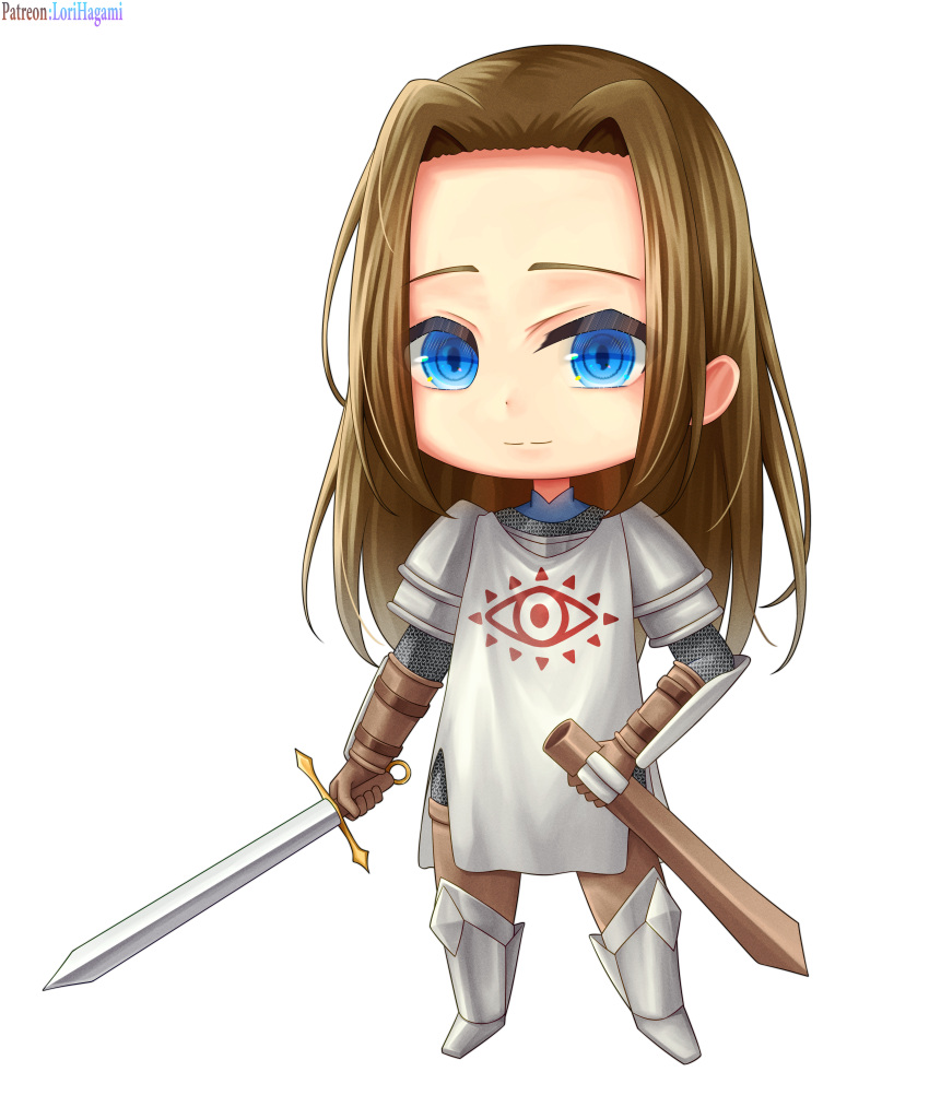 1boy, absurdres, armor, armored_boots, blue_eyes, boots, breastplate, brown_gloves