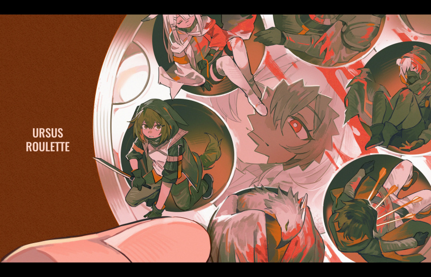 absurdres, arknights, arrow_(symbol), bird, blood, boots, cape, closed_eyes