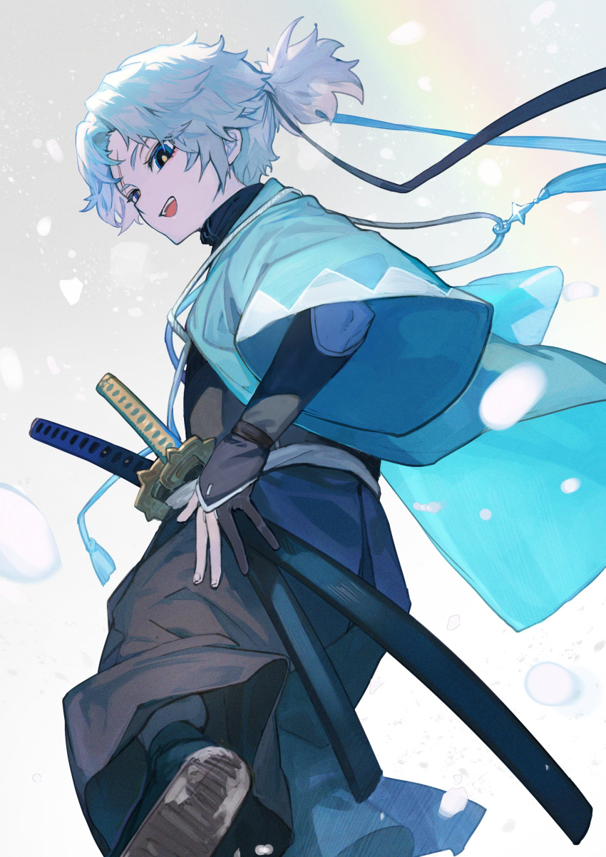 1boy, absurdres, aqua_haori, black_hakama, black_headband, black_kimono, blue_eyes, fate/grand_order, fate_(series), gloves, hakama, hakama_pants, haori, headband, highres, japanese_clothes, katana, kimono, lack, looking_at_viewer, looking_back, pants, partially_fingerless_gloves, scar, scar_on_face, scar_on_forehead, sheath, sheathed, smile, solo, sword, toudou_heisuke_(fate), toudou_heisuke_(third_ascension)_(fate), waraji, weapon, white_hair