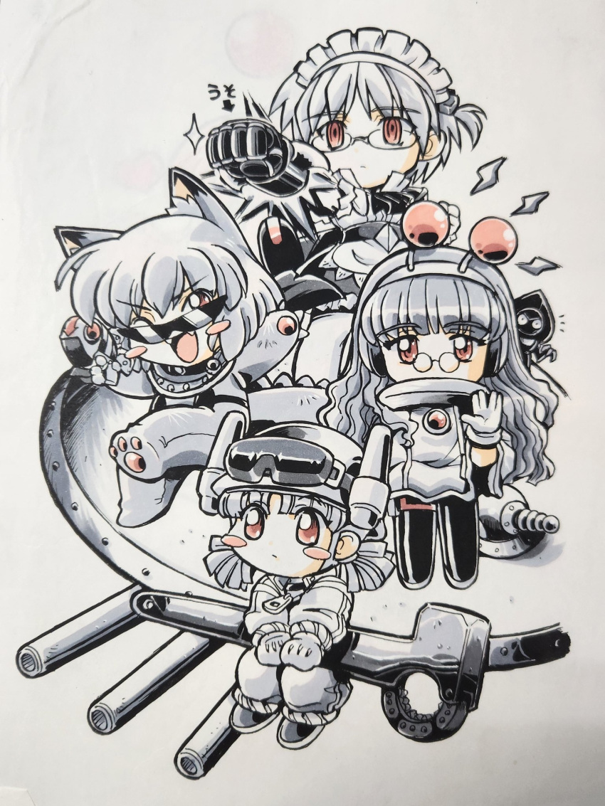 4girls, ai_(g-on_riders), alien, animal_ear_fluff, animal_ears, apron, arrow_(symbol), blush_stickers