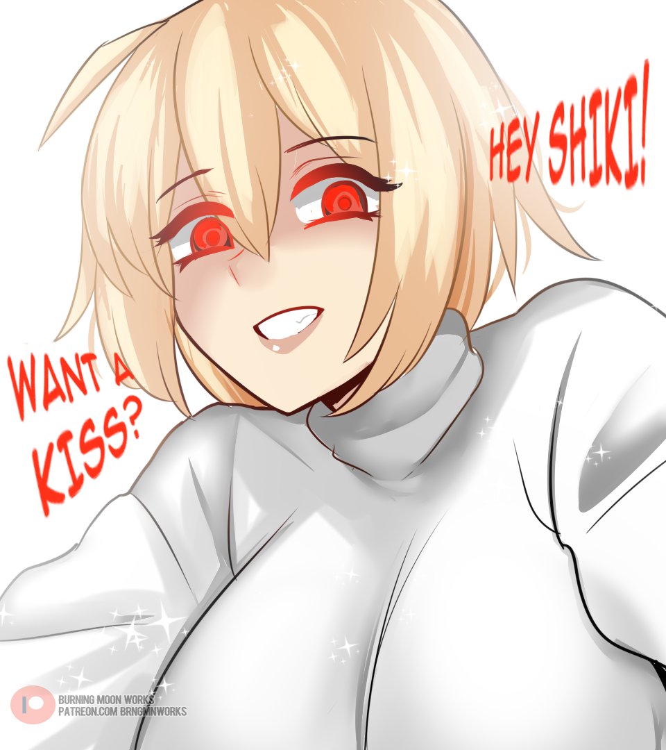 1girl, ahoge, arcueid_brunestud, blonde_hair, breasts, burningmoonworks, english_text, hair_between_eyes