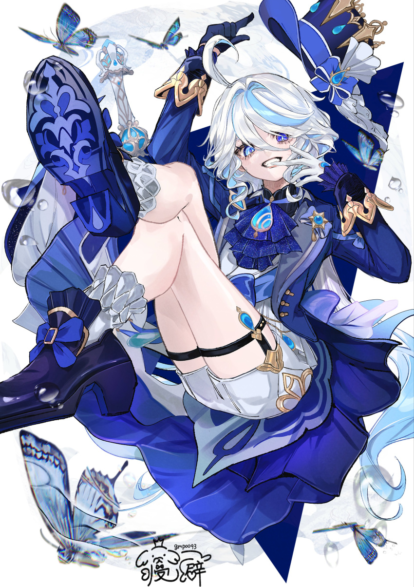 1girl, absurdres, ahoge, asymmetrical_gloves, biting, biting_glove, black_gloves, black_shoes