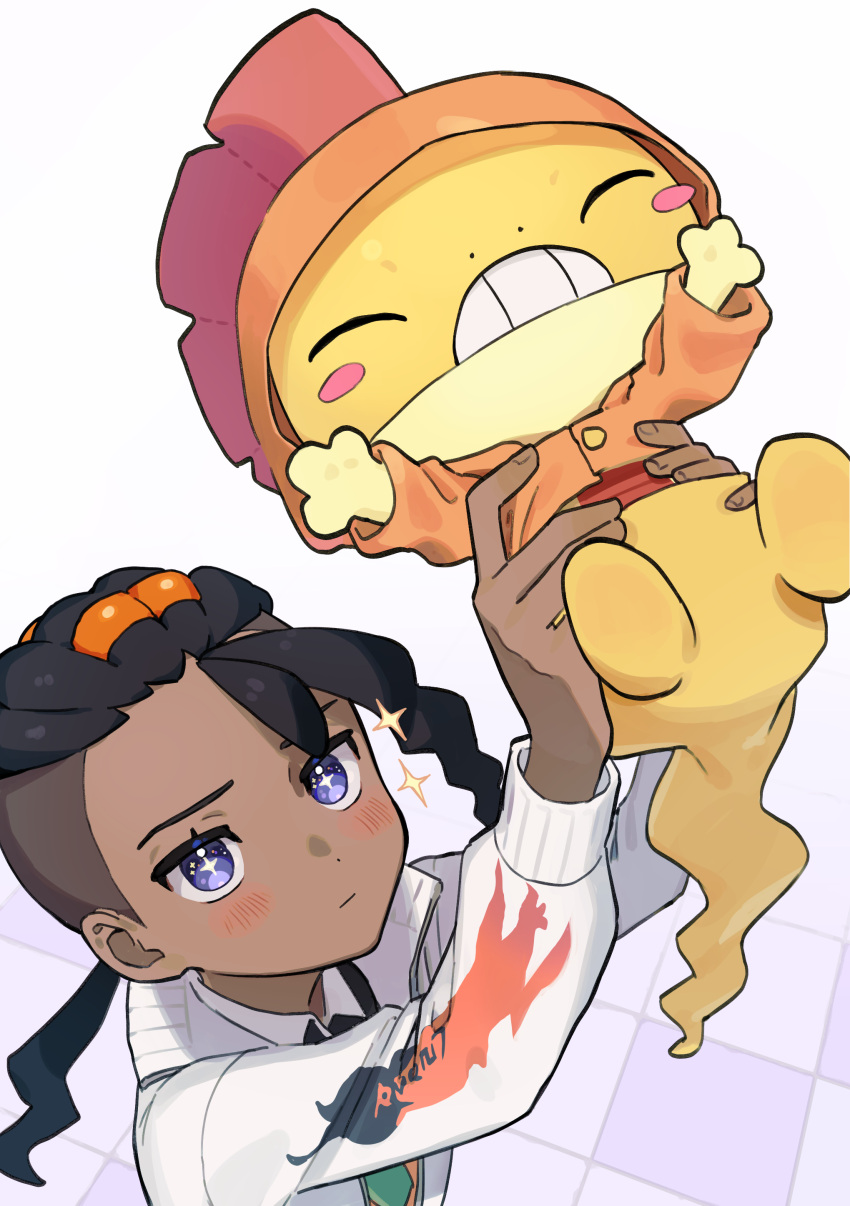 +_+, 1boy, absurdres, arms_up, black_hair, blush, closed_mouth, clothed_pokemon