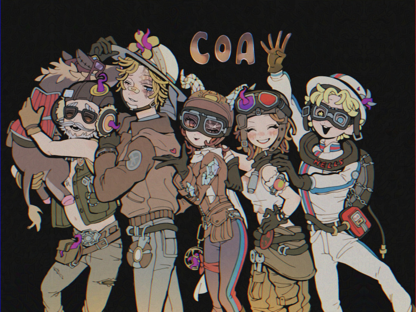 2girls, 3boys, :d, arm_up, bandaid, bandaid_on_face, bandaid_on_nose, black_gloves