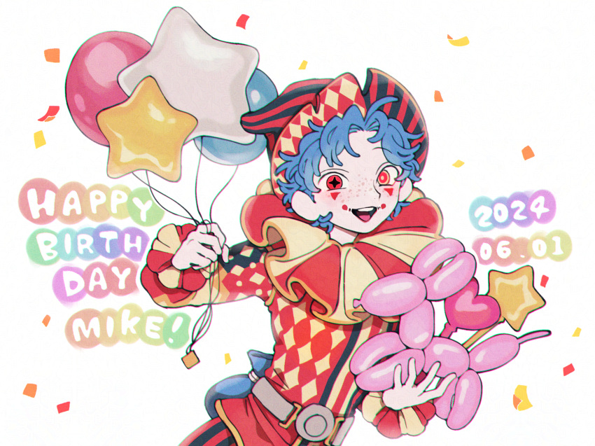:d, balloon, balloon_animal, belt, blue_hair, character_name, dated, freckles