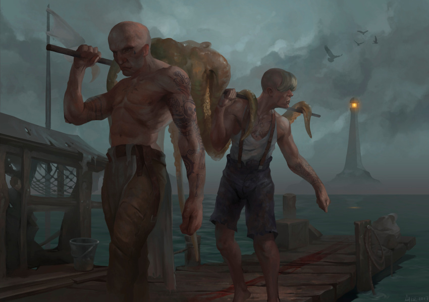 2boys, absurdres, alexeykruglov, bald, blue_shorts, brown_overalls, brown_pants, flag