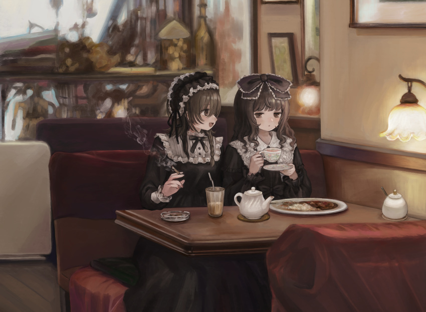2girls, ashtray, between_fingers, black_bow, black_dress, black_hairband, black_ribbon, booth_seating