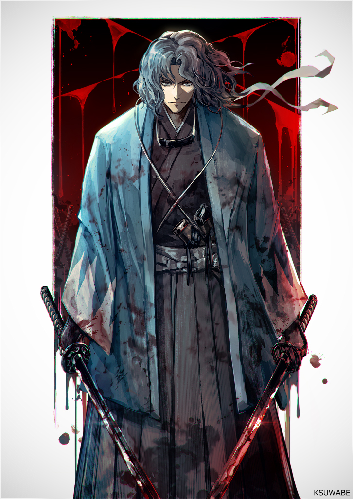 1boy, aqua_haori, arm_guards, black_kimono, blood, blood_on_clothes, blood_on_weapon, dual_wielding, fate/grand_order, fate_(series), grey_hair, grey_hakama, hakama, haori, headband, holding, japanese_clothes, k-suwabe, katana, kimono, looking_at_viewer, saitou_hajime_(fate), saitou_hajime_(third_ascension)_(fate), solo, sword, unsheathed, unworn_headband, wavy_hair, weapon
