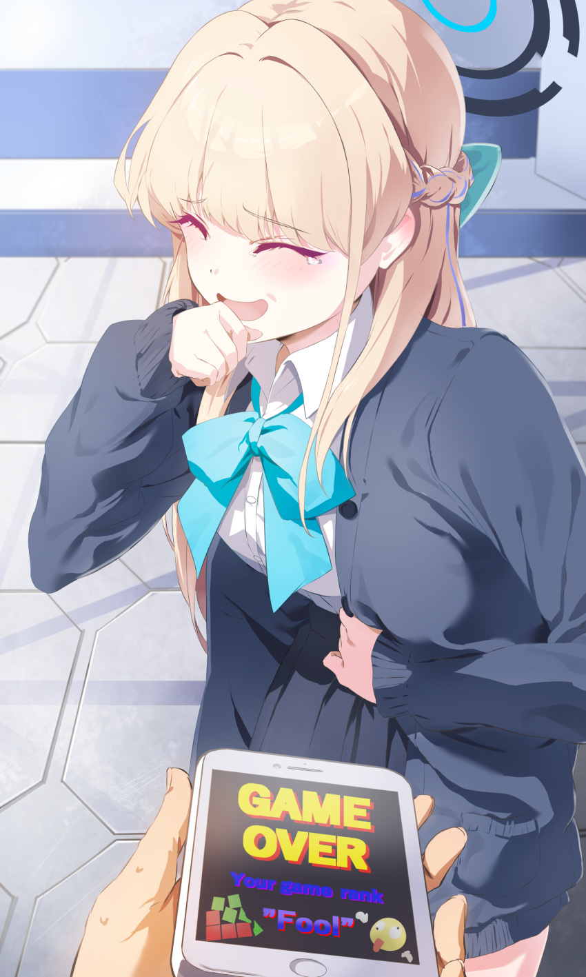 1girl, 1other, absurdres, blazer, blonde_hair, blue_archive, blue_bow, blue_bowtie