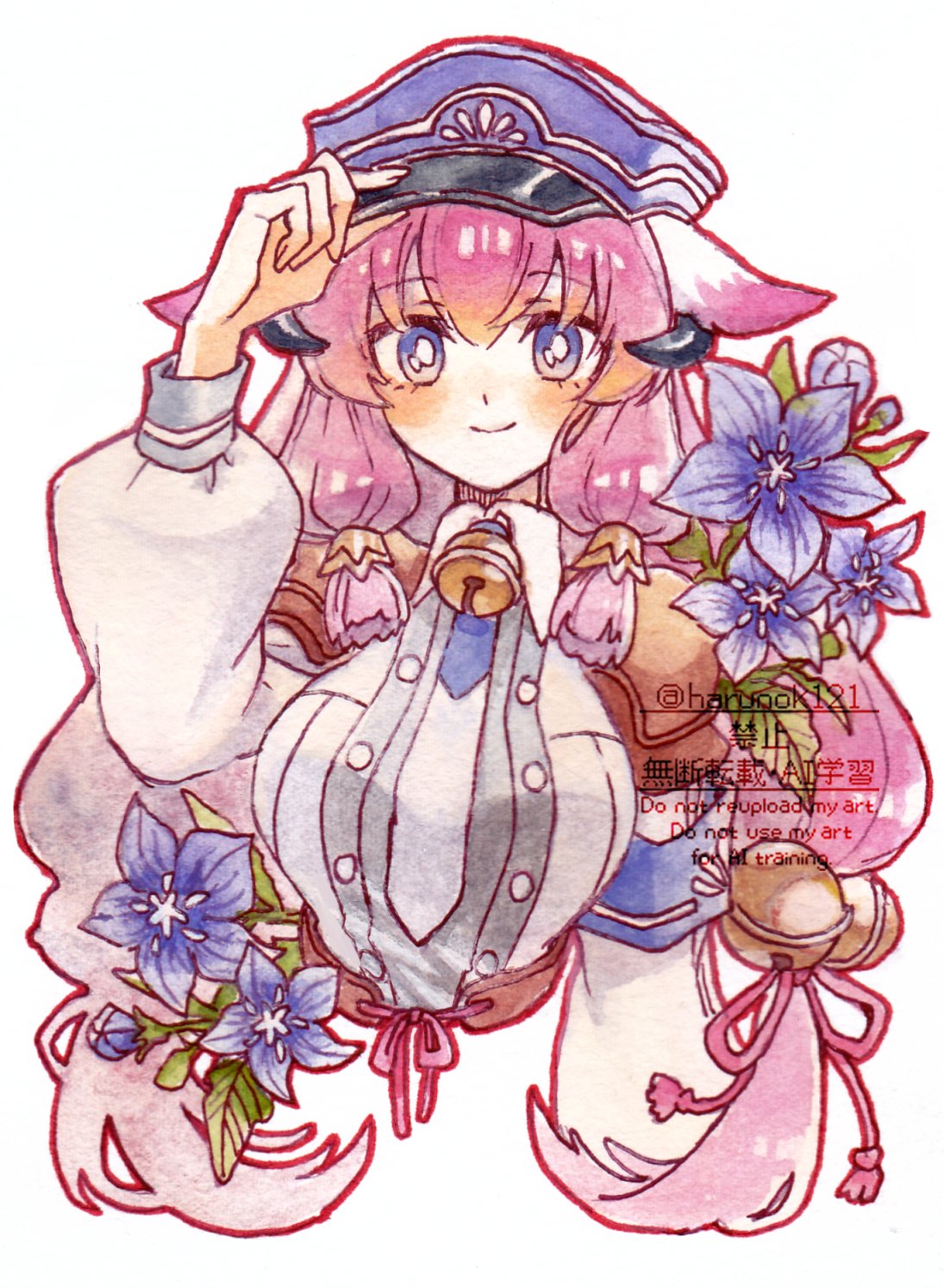 1girl, animal_ears, armor, bell, blue_hat, breasts, harunok121, hat