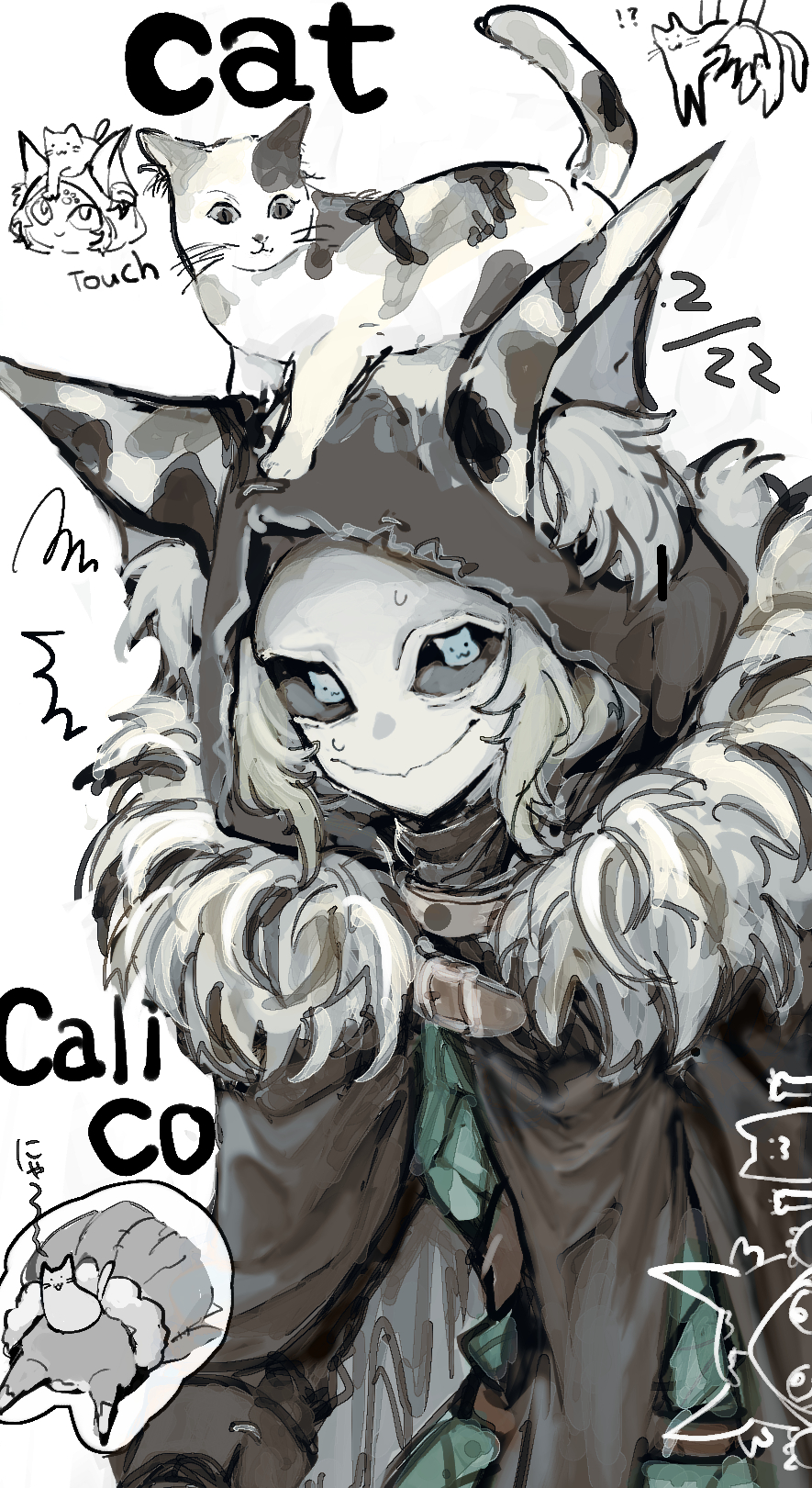 1boy, animal_ear_fluff, animal_ear_hood, animal_on_head, black_sclera, blonde_hair, calico_(pattern), calico_cat
