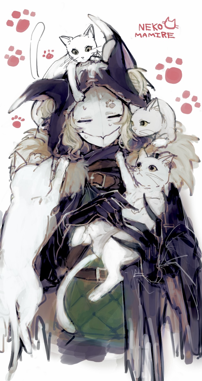 1boy, animal, animal_ear_hood, animal_on_head, animal_on_shoulder, black_gloves, cat, cat_on_head, cat_on_shoulder, claws, closed_eyes, closed_mouth, colored_sclera, english_text, fur-trimmed_jacket, fur_trim, gloves, highres, holding, holding_animal, holding_cat, hood, identity_v, ithaqua_(identity_v), jacket, mask, on_head, sweat, too_many, too_many_cats, white_cat, yellow_sclera, yominaito