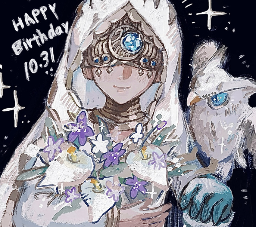 1boy, bird, blue_gemstone, blue_gloves, bouquet, dated, eli_clark, eli_clark_(lunar_phase)