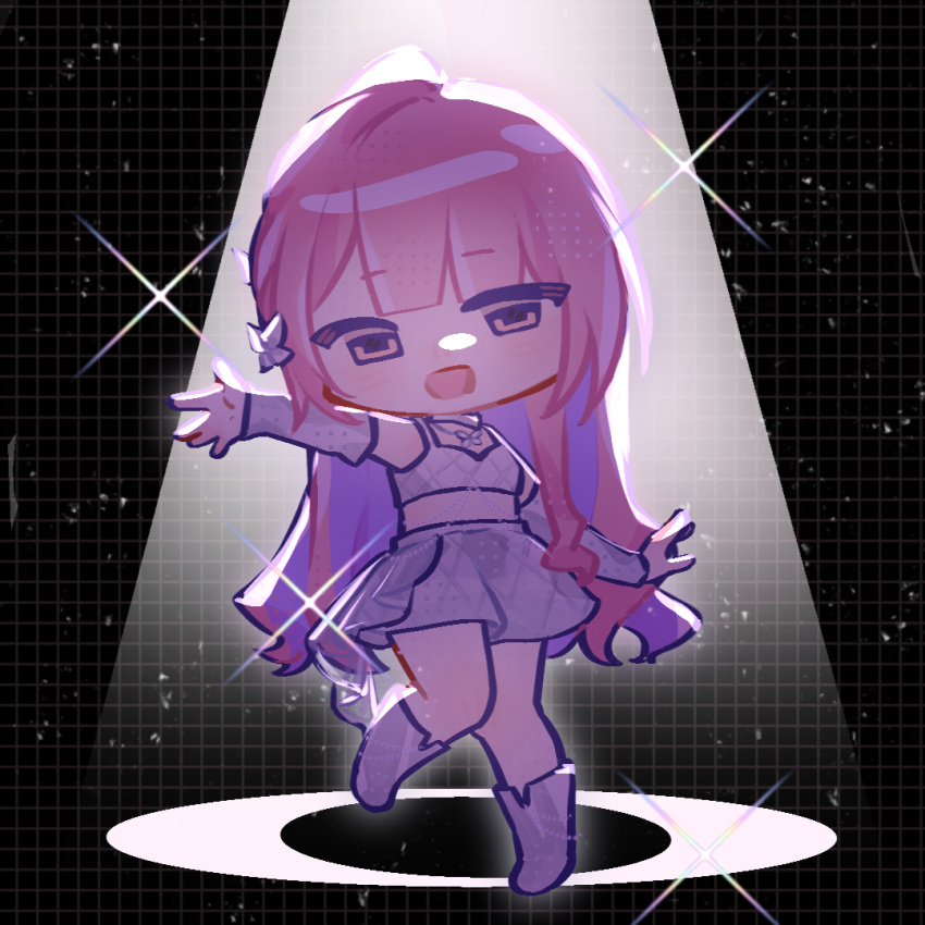 1girl, argyle_clothes, argyle_skirt, argyle_tank_top, bare_shoulders, black_background, bloom_up_(nikki), blunt_bangs, boots, braid, brown_eyes, butterfly_hair_ornament, butterfly_necklace, chibi, chinese_commentary, choker, colored_inner_hair, commentary_request, crop_top, grid_background, hair_ornament, halftone, happy, haroi, idol, knee_boots, layered_skirt, light_blush, light_particles, long_hair, midriff, miniskirt, multicolored_hair, nikki_(nikki), nikki_(series), open_mouth, pink_hair, pleated_skirt, purple_hair, shadow, side_braid, single_braid, single_sidelock, skirt, skirt_set, smile, solo, sparkle, spotlight, standing, tank_top, two-tone_hair, very_long_hair, white_arm_warmers, white_boots, white_choker, white_skirt, white_tank_top