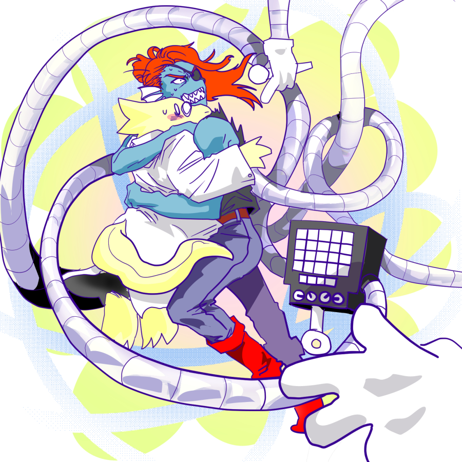 1boy, 2020, 2d, 2girls, alphys, anthro, aoimomushi, black_eyepatch