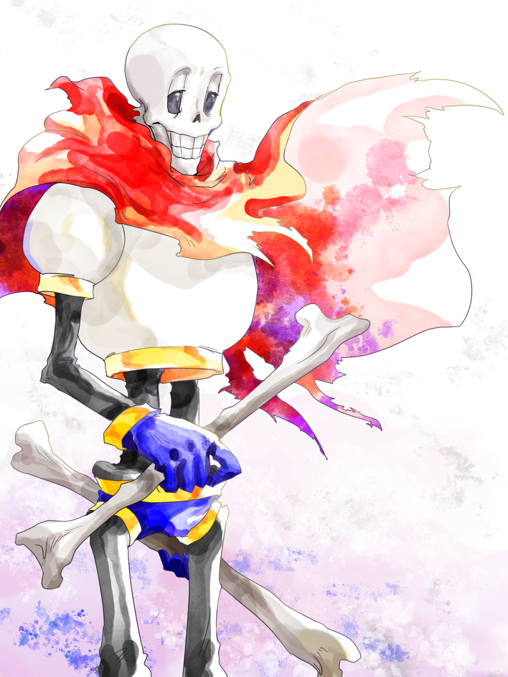 1boy, 2021, 2d, aoimomushi, armor, blue_gloves, blue_shorts, bone