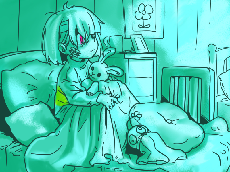 1other, 2022, 2d, ambiguous_gender, aoimomushi, aqua_theme, bed, blanket