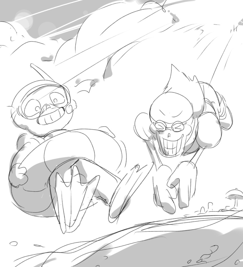 >_<, 2024, 2boys, 2d, armor, brothers, cacaonibs00, cape, closed_eyes, digital_media, diving_suit, duo, gloves, goggles, humanoid, innertube, male, male_focus, male_only, monochrome, monster, monster_boy, multiple_boys, papyrus_(undertale), sans_(undertale), shorts, siblings, simple_background, skeleton, sketch, snorkel, swim_ring, teeth, undead, undertale, utdr_(toby_fox), white_background