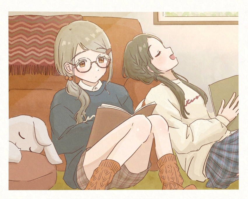 2girls, blonde_hair, blue_skirt, blue_sweater, blush, book, brown_hair, brown_shorts