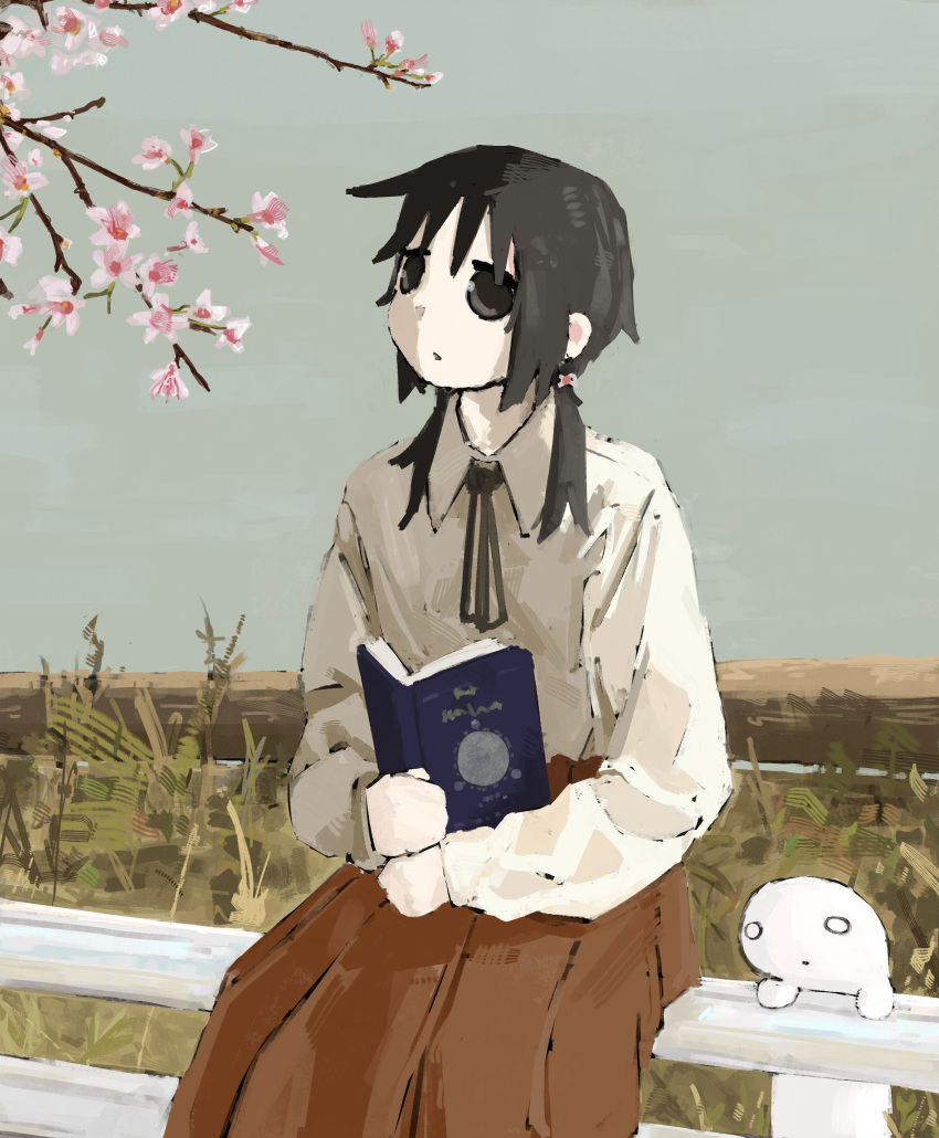 1girl, absurdres, black_eyes, book, cherry_blossoms, chito_(shoujo_shuumatsu_ryokou), collared_shirt, fence