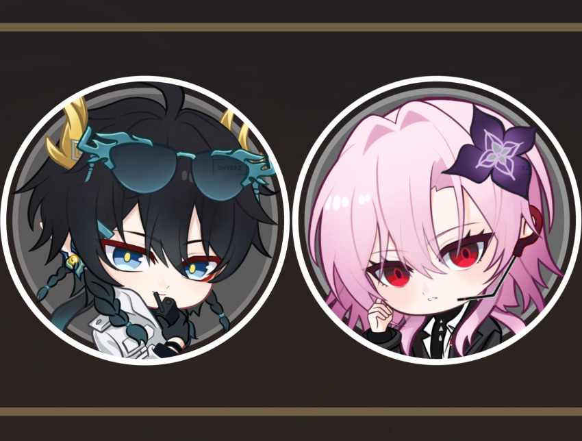 1boy, 1girl, ahoge, black_flower, black_gloves, black_hair, black_jacket, black_shirt