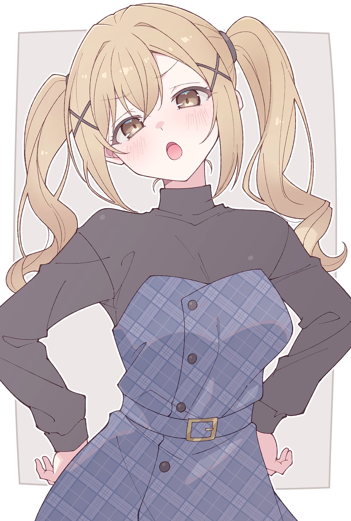1girl, bang_dream!, belt, black_shirt, blue_belt, blush, border, brown_eyes