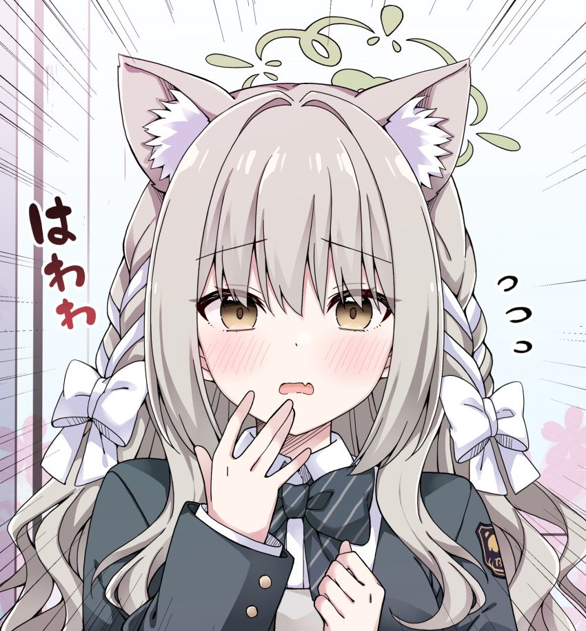 1girl, animal_ear_fluff, animal_ears, blue_archive, bow, cat_ears, cat_girl, green_halo, halo, highres, jacket, kemonomimi_mode, long_hair, miyo_(blue_archive), rioshi, solo