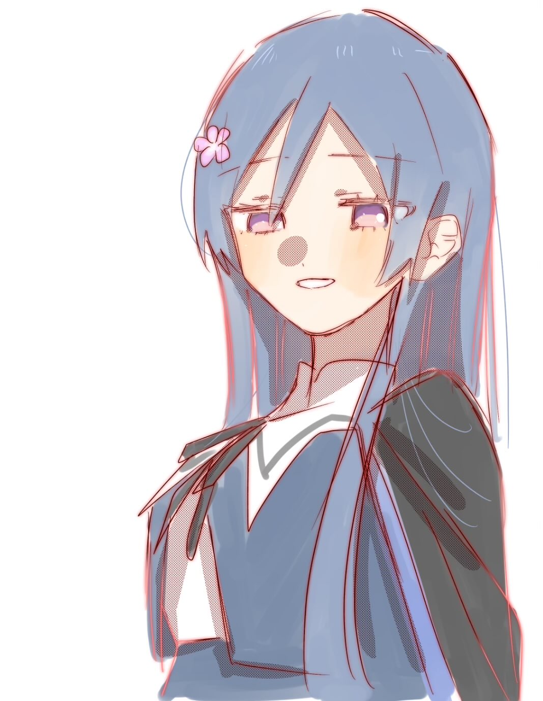 1girl, akashi_manaka, arm_at_side, assault_lily, black_cape, black_ribbon, black_skirt, blue_hair