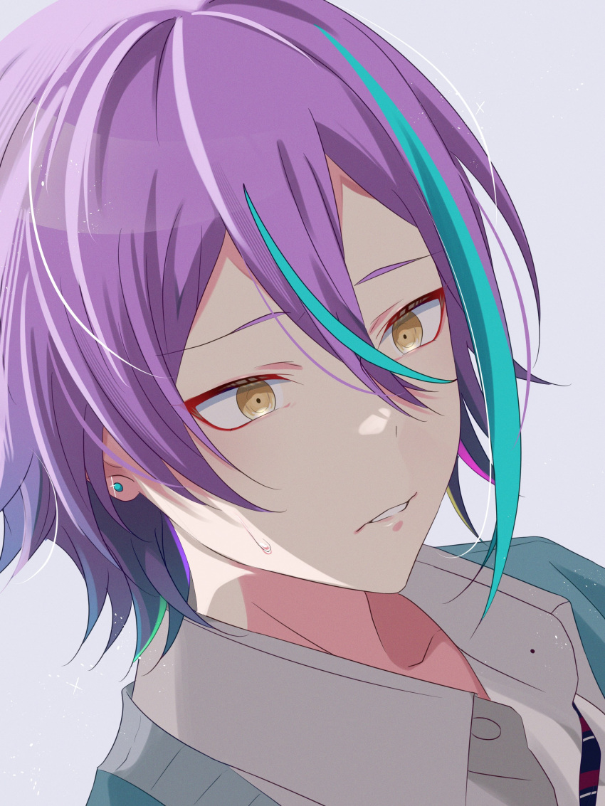 1boy, absurdres, blue_hair, collared_shirt, commentary_request, double-parted_bangs, earrings, eyeshadow, hair_between_eyes, highres, jewelry, kamishiro_rui, kamiyama_high_school_uniform_(project_sekai), makeup, male_focus, multicolored_hair, nervous_sweating, parted_lips, project_sekai, purple_hair, red_eyeshadow, school_uniform, shirt, short_hair, simple_background, solo, streaked_hair, stud_earrings, sweat, tokooo000, two-tone_hair, yellow_eyes