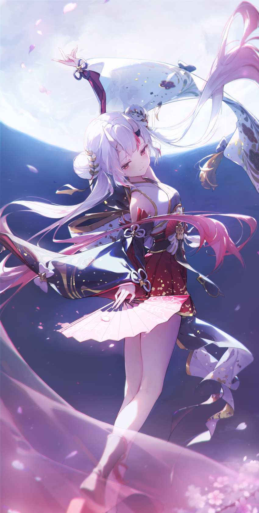 1girl, absurdres, arm_up, asymmetrical_sleeves, black_kimono, black_sash, black_sleeves, center-flap_bangs, cherry_blossoms, commentary_request, dancing, detached_sleeves, double_bun, falling_petals, full_body, full_moon, furisode_sleeves, gold_trim, gradient_hair, grey_hair, hair_between_horns, hair_bun, hakama, hakama_short_skirt, hakama_skirt, hand_fan, highres, holding, holding_fan, hololive, horns, jacket, japanese_clothes, kimono, long_hair, mismatched_sleeves, mochida_touri, moon, multicolored_hair, multicolored_kimono, nakiri_ayame, nakiri_ayame_(8th_costume), night, official_alternate_costume, official_alternate_hairstyle, oni, outdoors, paper_fan, petals, print_kimono, red_eyes, red_hair, red_hakama, revision, sash, skin-covered_horns, skirt, sleeveless, sleeveless_kimono, solo, streaked_hair, striped_clothes, striped_jacket, twintails, vertical-striped_clothes, vertical-striped_jacket, virtual_youtuber, white_kimono, white_sleeves, wide_sleeves