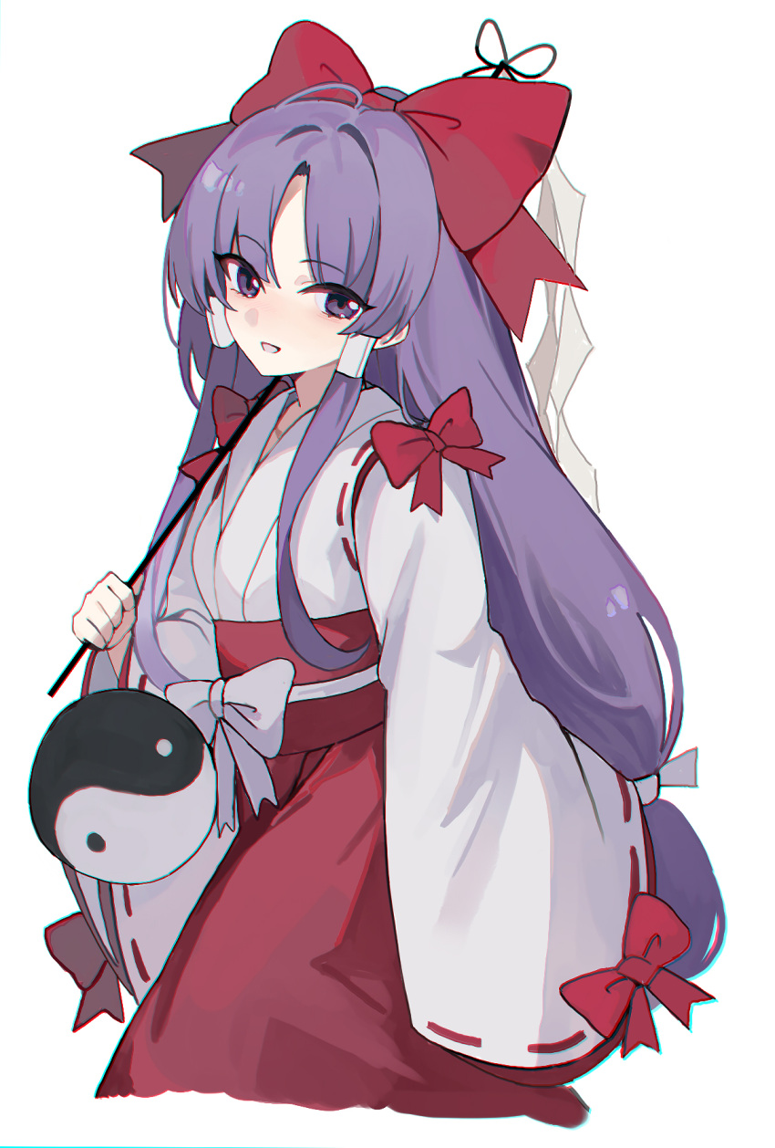 1girl, :d, bow, commentary, cowboy_shot, gohei, hair_bow, hair_tubes, hakama, hakurei_reimu, hakurei_reimu_(pc-98), highres, holding, holding_gohei, japanese_clothes, kani_nyan, kimono, long_hair, long_sleeves, looking_at_viewer, miko, open_mouth, orb, parted_bangs, purple_hair, red_bow, red_hakama, ribbon-trimmed_sleeves, ribbon_trim, simple_background, smile, solo, touhou, touhou_(pc-98), very_long_hair, violet_eyes, white_background, white_bow, white_kimono, wide_sleeves, yin_yang, yin_yang_orb