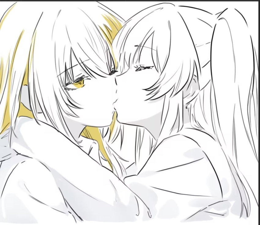 2girls, closed_eyes, cobwvmeti, hair_between_eyes, idolmaster, idolmaster_shiny_colors, ikaruga_luca, kiss, long_sleeves, multiple_girls, short_hair, twintails, white_background, yellow_eyes, yukoku_kiriko, yuri