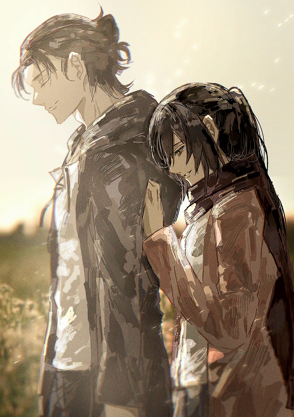 1boy, 1girl, black_eyes, black_hair, brown_hair, closed_eyes, crying, eren_yeager, grass, highres, long_hair, looking_down, mikasa_ackerman, muramitsu_(d3jgv), red_scarf, sad, scarf, shingeki_no_kyojin, smile, sunlight