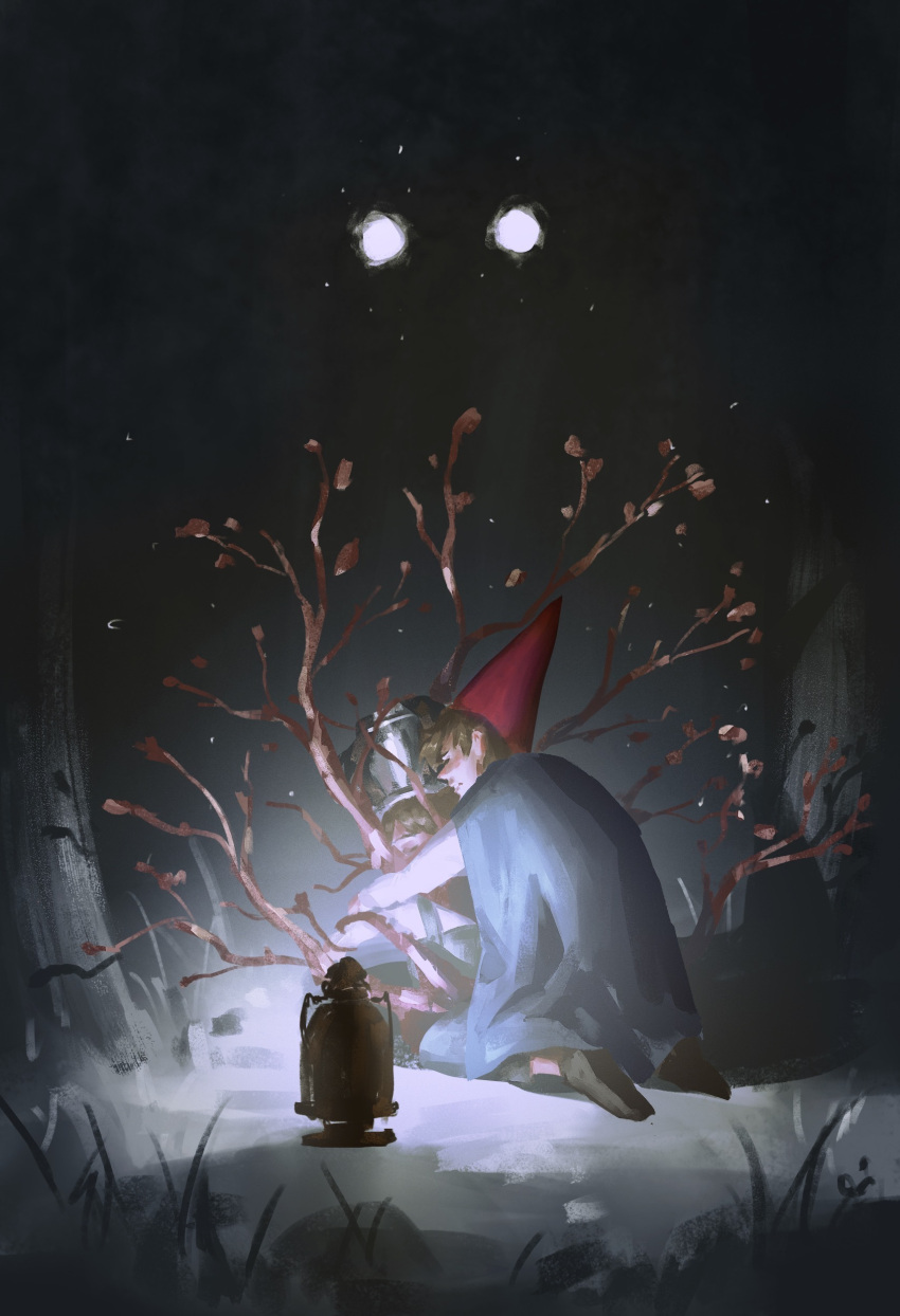 2boys, absurdres, brothers, brown_hair, cape, child, gregory_(over_the_garden_wall), hat, highres, long_sleeves, male_focus, multiple_boys, over_the_garden_wall, shoes, short_hair, siblings, spoilers, suikamelony, teapot, the_beast_(over_the_garden_wall), tree, wirt_(over_the_garden_wall)