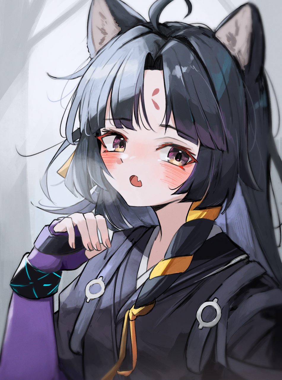 1girl, animal_ears, arknights, black_hair, dog_ears, dog_girl, facial_mark, fang, fingerless_gloves, forehead_mark, gloves, highres, infection_monitor_(arknights), japanese_clothes, kari90909, long_hair, looking_at_viewer, purple_gloves, saga_(arknights), skin_fang, solo, upper_body