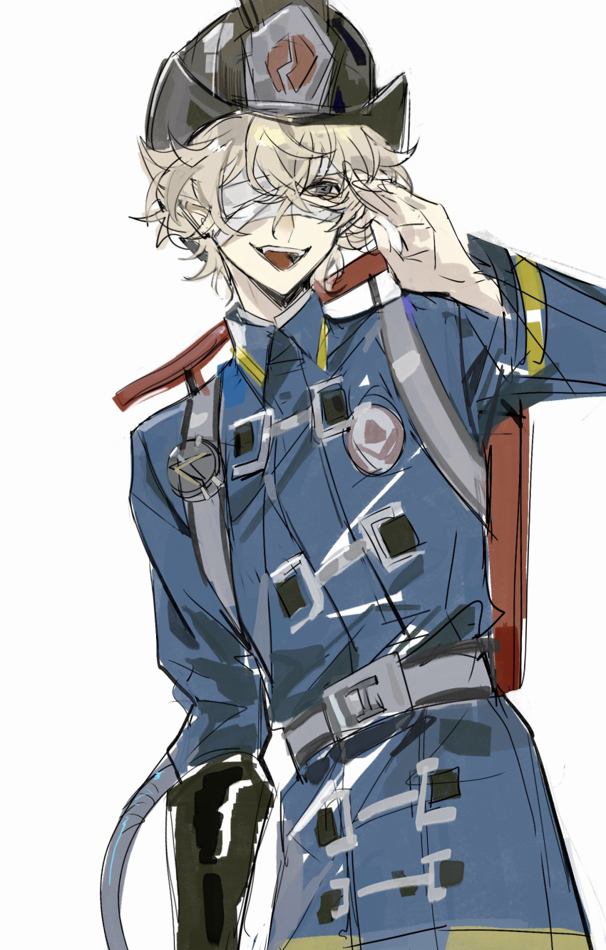 1boy, :d, absurdres, bandage_over_one_eye, black_gloves, blonde_hair, blue_coat, coat, fangs, firefighter, firefighter_helmet, firefighter_jacket, florian_brand, gloves, green_eyes, hair_between_eyes, highres, identity_v, jacket, looking_ahead, open_mouth, single_glove, smile, xinjinjumin675358701172