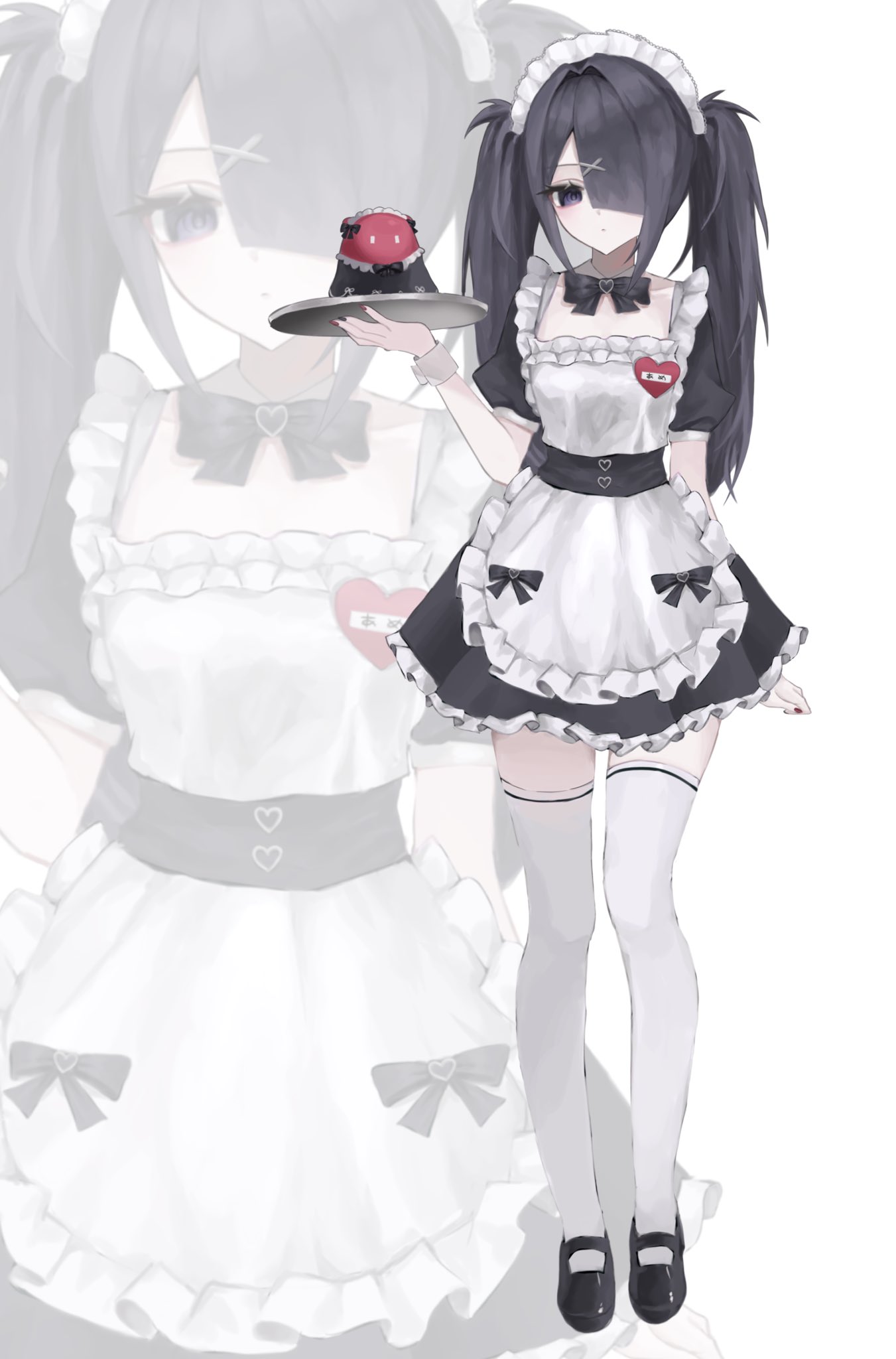 1girl, apron, black_dress, black_eyes, black_hair, bow, bowtie, character-themed_food, collar, diagonal_bangs, dress, full_body, hair_ornament, hair_over_one_eye, heart_pin, highres, himexuime, holding, holding_plate, looking_at_viewer, maid, maid_apron, maid_headdress, needy_girl_overdose, pien_cat_(needy_girl_overdose), pigeon-toed, plate, sandals, sidelocks, solo, standing, thigh-highs, twintails, white_thighhighs, wrist_cuffs, x_hair_ornament, zettai_ryouiki, zoom_layer
