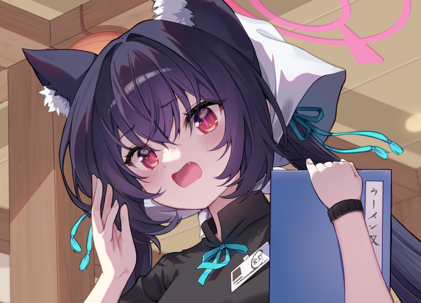1girl, ajeu914, animal_ear_fluff, animal_ears, black_hair, blue_archive, blue_ribbon, blush