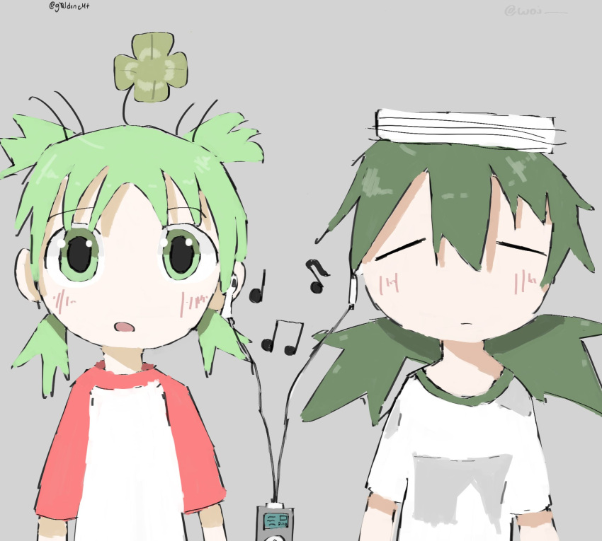 2girls, :o, =_=, clover_hair_ornament, earphones, earphones, four-leaf_clover_hair_ornament, g0ldenc4t