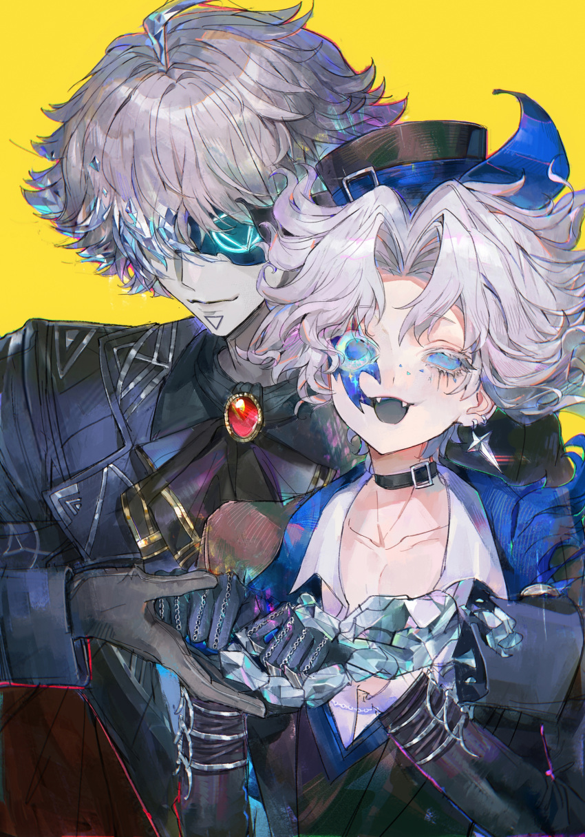 2boys, :d, absurdres, ascot, belt_collar, black_ascot, black_gloves, black_jacket, blue_jacket, blue_sclera, collar, colored_eyelashes, colored_sclera, colored_skin, crystal_hair, earrings, fangs, fool's_gold_(identity_v), fool's_gold_(stibnite)_(identity_v), freckles, gem, gloves, grey_skin, grey_tongue, hair_intakes, hair_over_eyes, hat, highres, holding_hands, hullabaloo_(hidden_in_the_night)_(identity_v), hullabaloo_(identity_v), identity_v, jacket, jewelry, male_focus, multiple_boys, pectoral_cleavage, pectorals, red_gemstone, shirt, smile, solid_eyes, top_hat, wavy_hair, white_eyelashes, white_hair, white_shirt, xiaomianduoshao