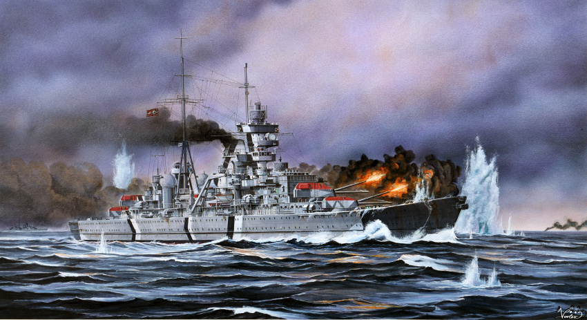 6+boys, absurdres, anti-aircraft_gun, battle, battleship, bismarck_(battleship), cruiser, firing