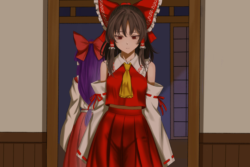 2girls, ascot, bow, breasts, brown_hair, closed_mouth, commentary, detached_sleeves