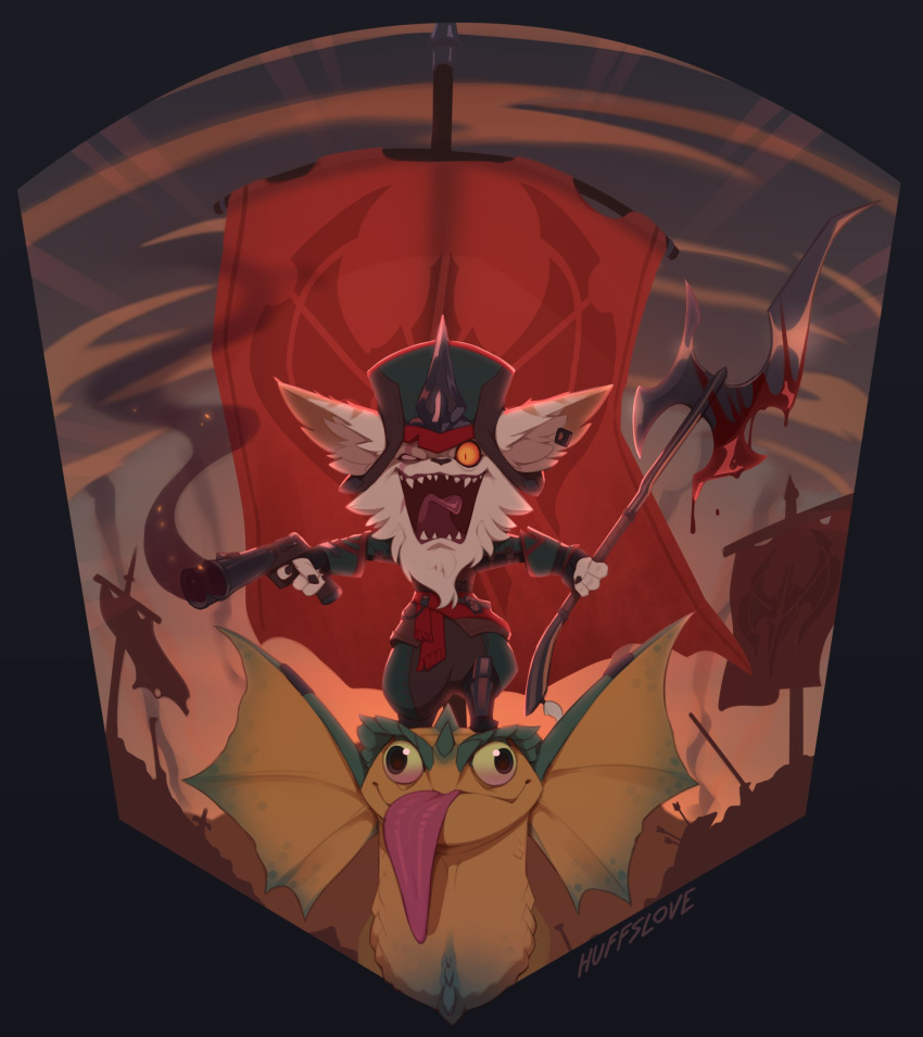 1boy, armor, banner, battle_standard, blood, colored_sclera, gun, halberd