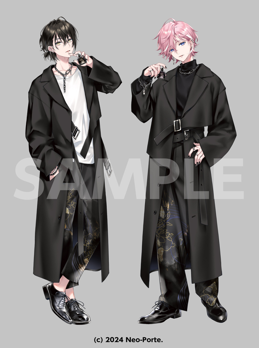 2boys, ahoge, akke_(akke299), aruse_inu, belt, belt_buckle, black_belt, black_coat