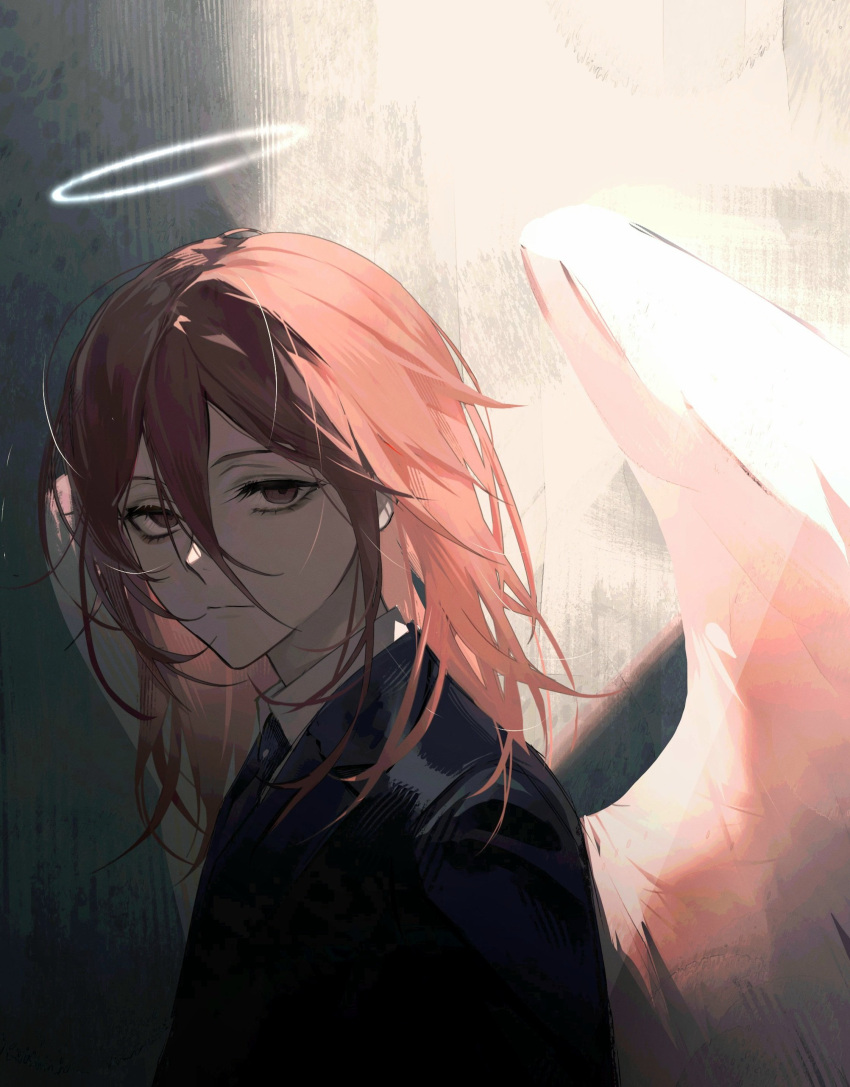 1boy, absurdres, angel, angel_devil_(chainsaw_man), angel_wings, black_jacket, black_necktie, chainsaw_man