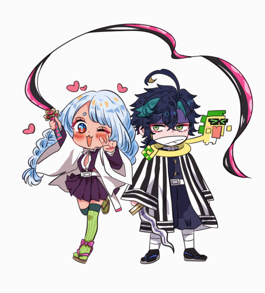 1boy, 1girl, :3, ahoge, ajaw_(genshin_impact), bandage_on_face, bandages, black_hair