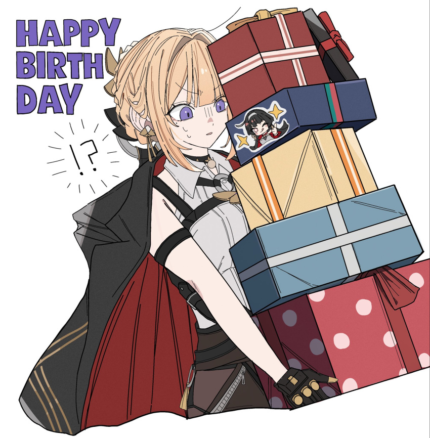 !, 1girl, ?, arm_strap, astra_yao, bare_shoulders, birthday, black_coat