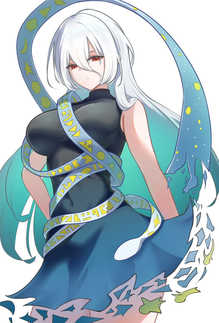 1girl, black_dress, blue_dress, blue_hair, breasts, covered_navel, dress, gradient_clothes